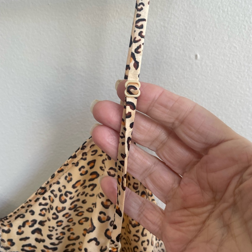 TAN CREAM LEOPARD PRINT SLIP DRESS STRAPS NEGLIGEE BLACK LACE AUGUST SILK - Picture 6 of 11